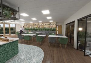 Modern café interior with green and gray chairs, wooden floors, patterned tiles, plants, pendant lights, and a server attending a customer.