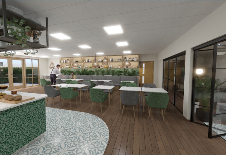 Modern café interior with green and gray chairs, wooden floors, patterned tiles, plants, pendant lights, and a server attending a customer.