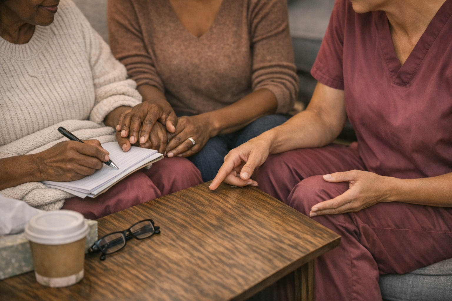 A nurse in burgundy scrubs sits with a patient and family member, sharing a warm, supportive discussion about future care in a relaxed setting.