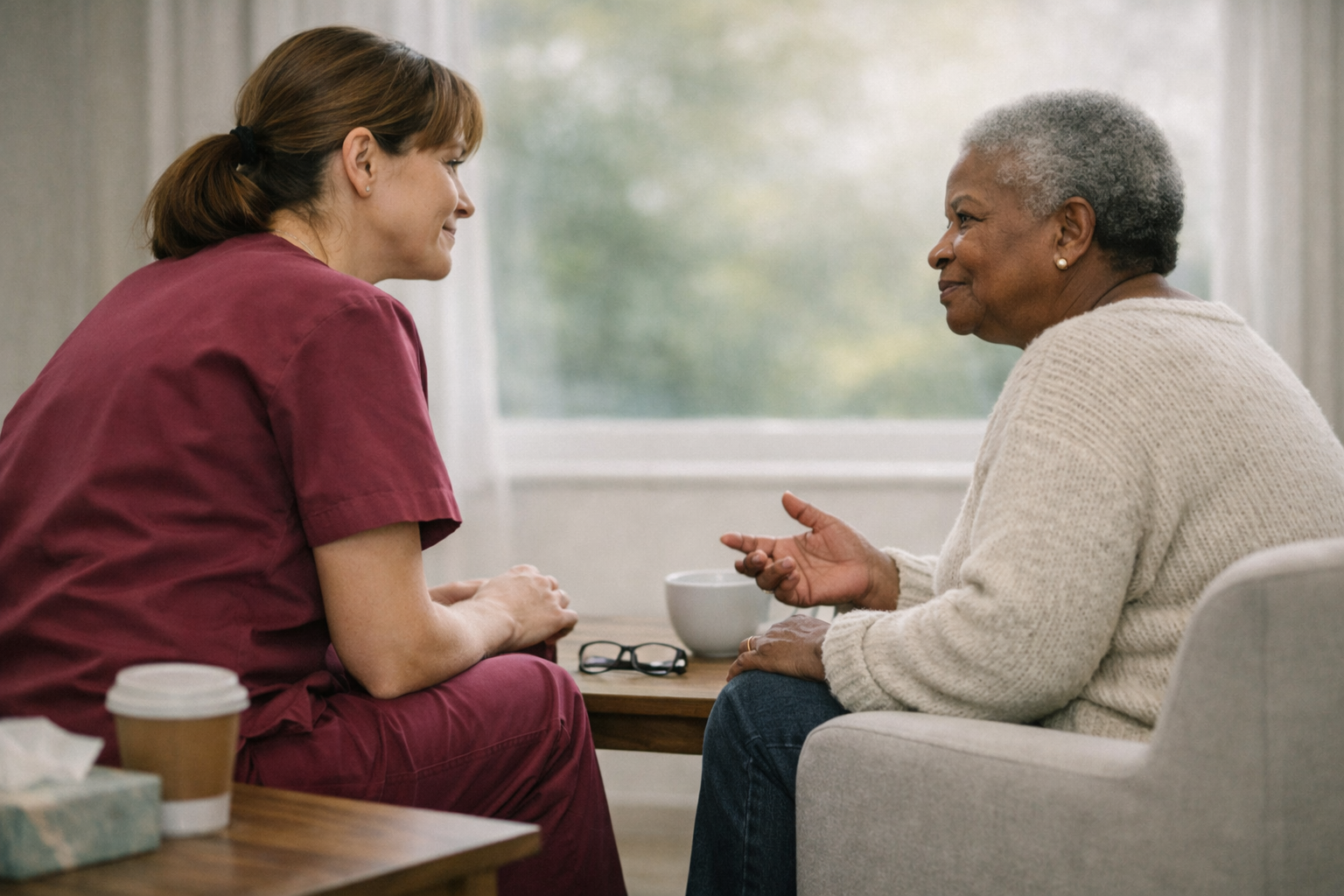A hospice nurse in burgundy scrubs and an elderly woman in a cream sweater sit across from each other in a softly lit room, engaged in a calm, genuine conversation. A coffee cup and tissue box rest on the table between them, with natural light filtering through a window in the background.