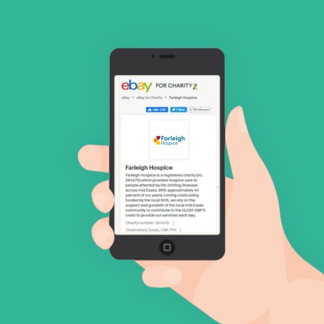Illustration of a hand holding a smartphone with the Farleigh Hospice eBay for Charity page visible on the screen.