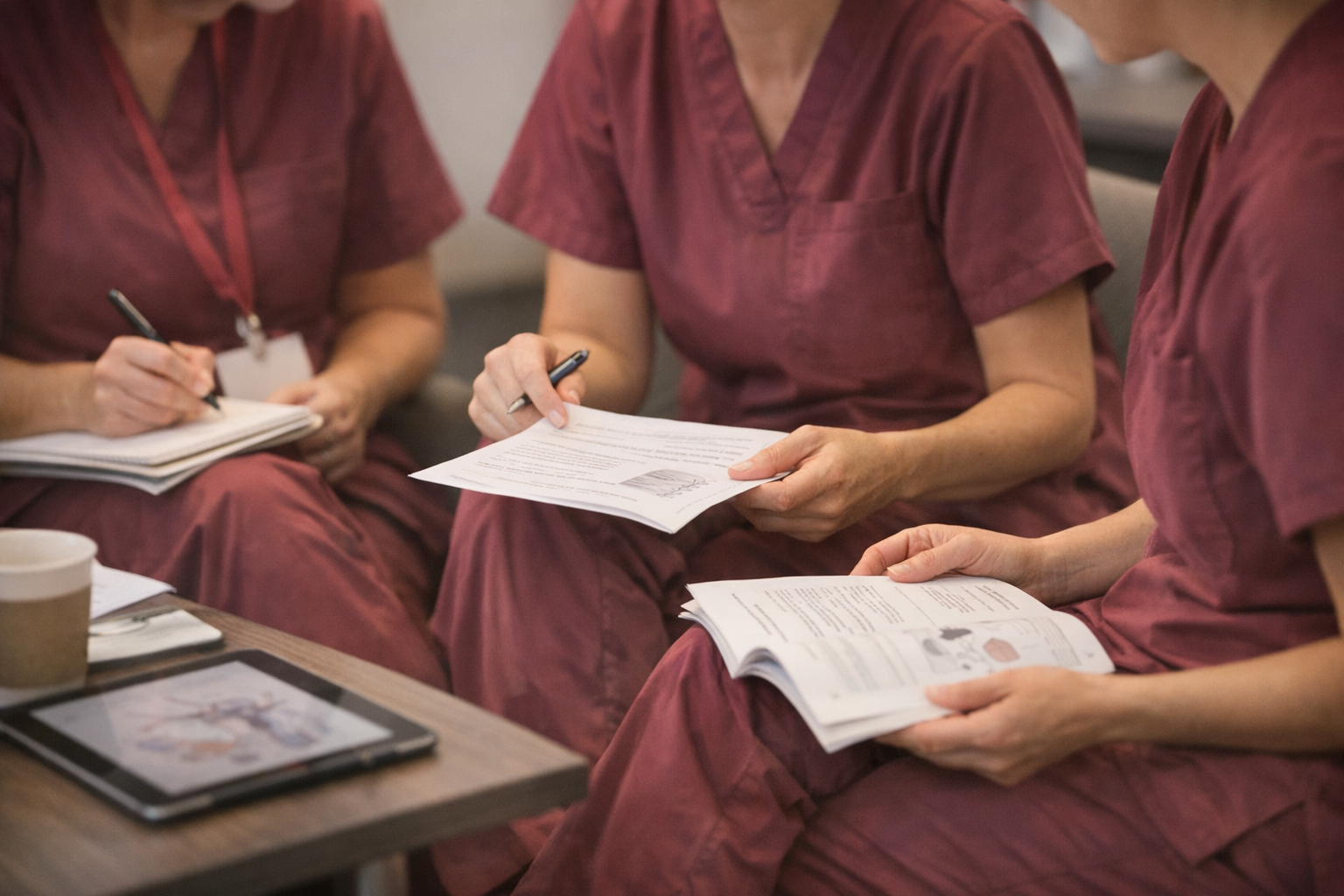 Clinical nurse specialists in burgundy scrubs attend a training session, reviewing notes and materials together in a close, collaborative setting.