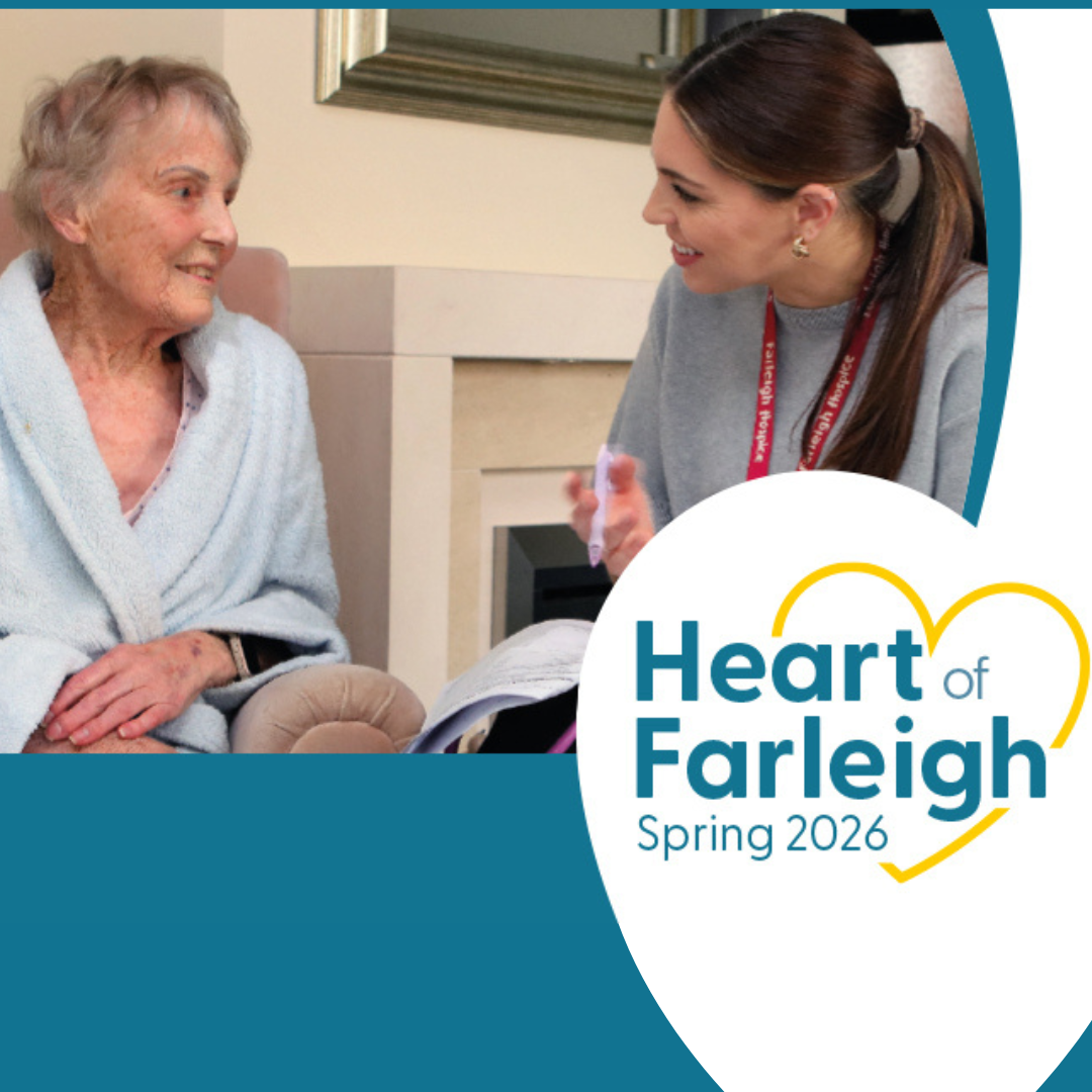A Farleigh Hospice patient sits talking with a staff member in a warm, homely room, featured in the Spring 2026 supporter magazine.