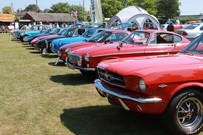 A row of blue and red classic cars parked on on the playing field