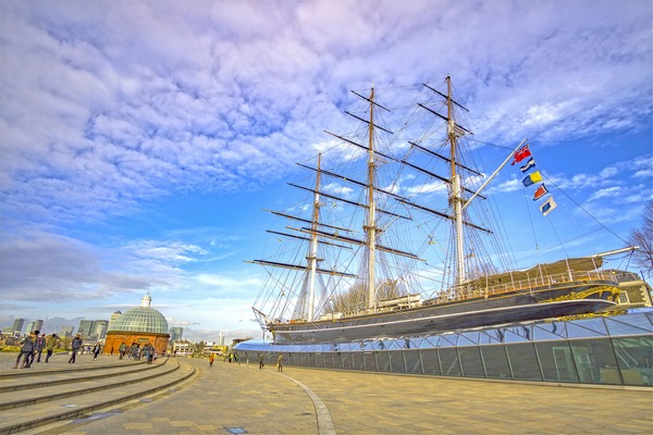 A wide view of the Cutty Sark clipper in Greenwich