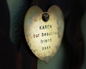 A metal heart featuring a text dedication