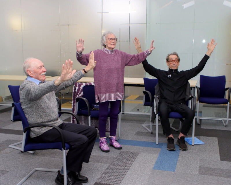 Three elderly people participating in a seated and standing group exercise session in a room.