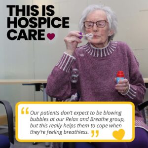 Elderly lady in a purple sweater blowing bubbles, with text about hospice care and a supportive patient quote.