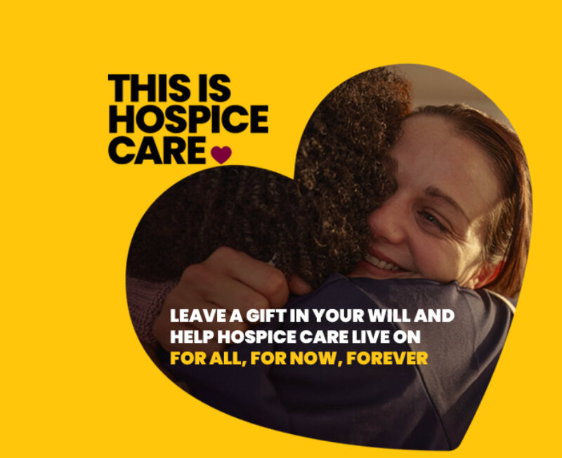 Heart-shaped image of two people hugging with text promoting leaving a gift in your will to support hospice care.