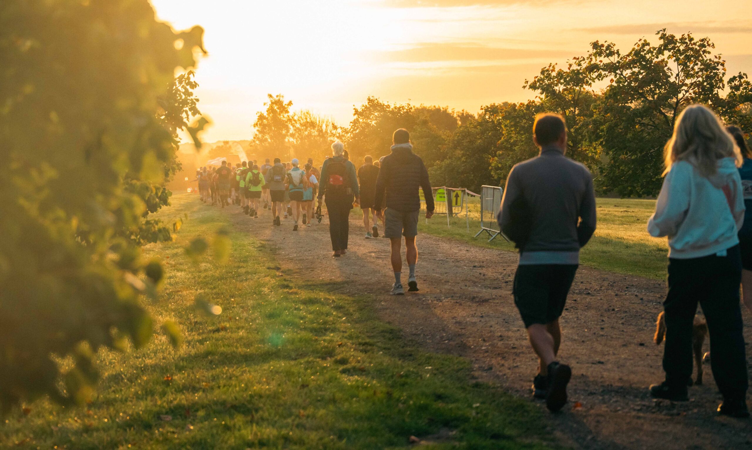 Runners jog along a sunlit park trail at sunset, surrounded by trees and warm golden light, creating an energetic, peaceful atmosphere.