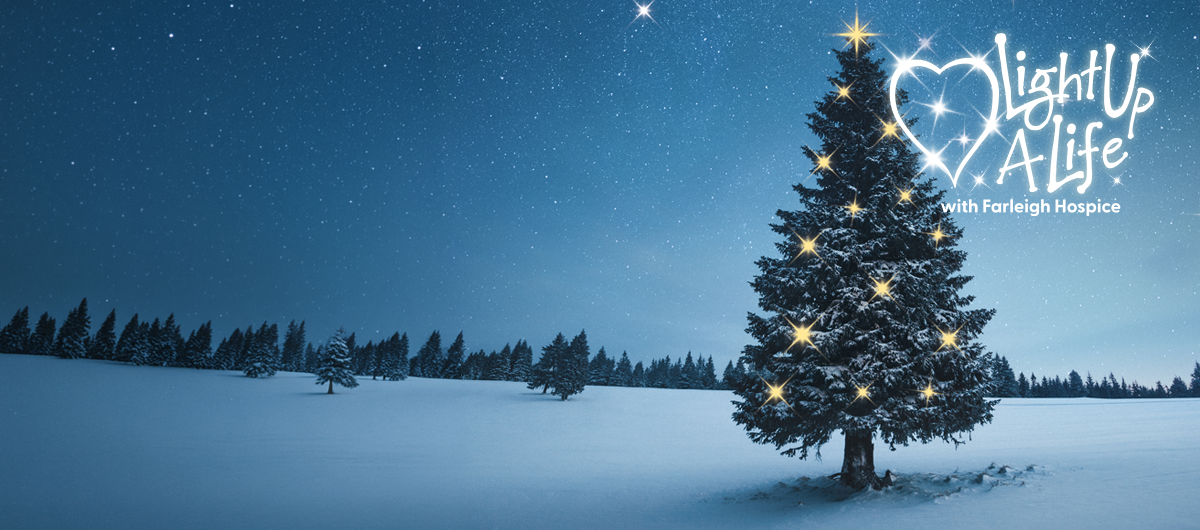 Light Up a Life with Farleigh Hospice: a snow-covered Christmas tree glowing with golden lights under a starry night sky.